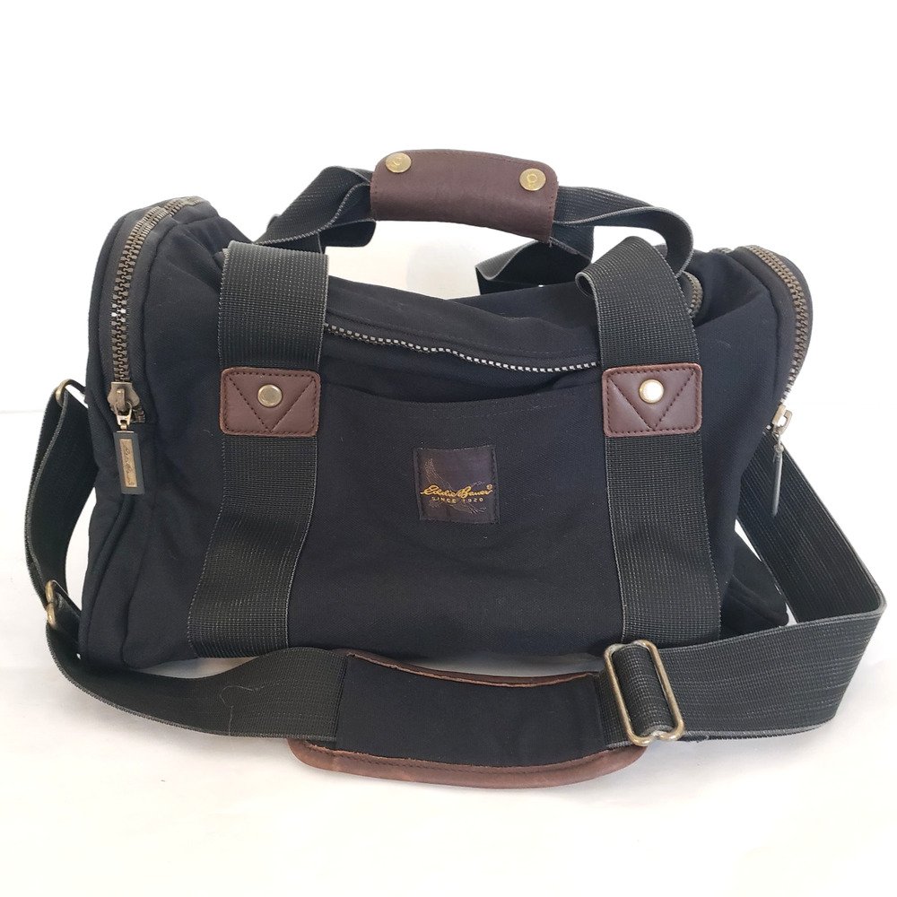 Eddie Bauer Canvas Duffle Bag Black Leather Carry On Luggage Weekender Tote